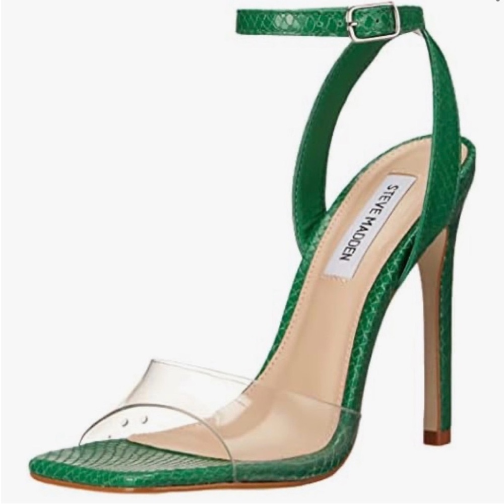 Steve Madden Jessenia Green Snake-Embossed Ankle-Strap Clear Toe Stiletto